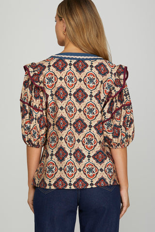 Contrast Printed V-Neck Top