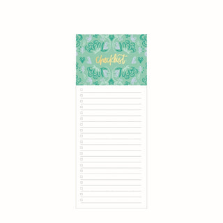 A magnetic notepad with a green and blue floral pattern and the word 'Checklist' written at the top
