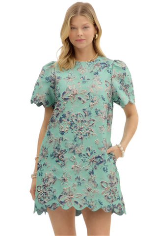 Floral Jacquard Puff Sleeve Mini Dress