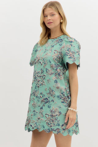 Floral Jacquard Puff Sleeve Mini Dress