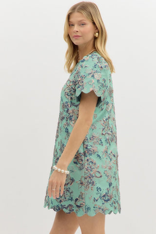 Floral Jacquard Puff Sleeve Mini Dress