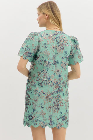 Floral Jacquard Puff Sleeve Mini Dress
