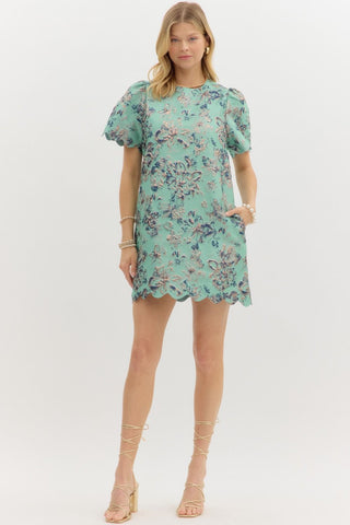 Floral Jacquard Puff Sleeve Mini Dress