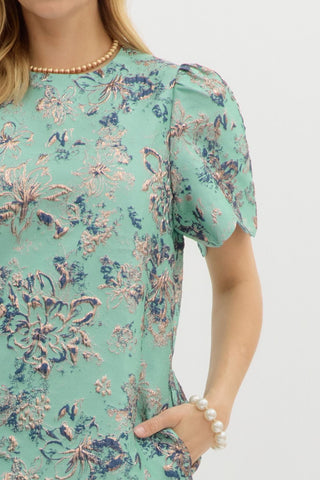 Floral Jacquard Puff Sleeve Mini Dress