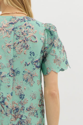Floral Jacquard Puff Sleeve Mini Dress