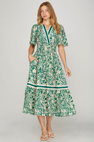 Woven Floral Tiered Midi Dress