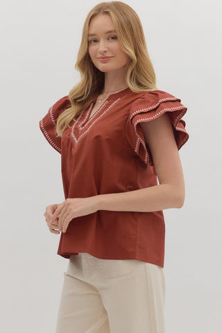Contrast Embroidered Flutter Sleeve Top