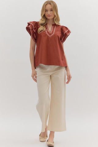 Contrast Embroidered Flutter Sleeve Top