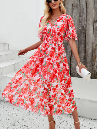 Printed V-neck Long Dress