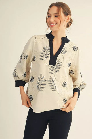 Embroidered Top with Ruffled Neckline