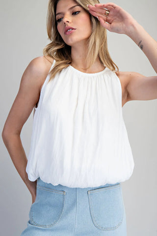 Solid Sleeveless Gathered Blouse-Off White