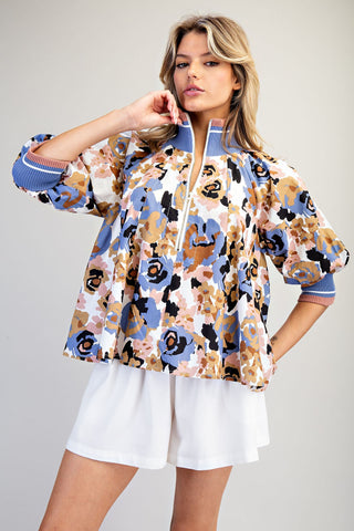 Floral Print Zipper Front Half Sleeve Top