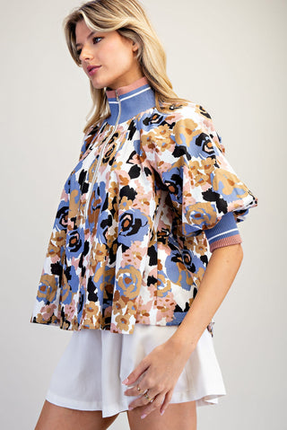 Floral Print Zipper Front Half Sleeve Top