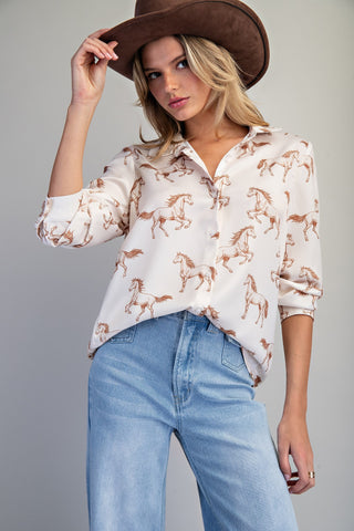 Button Down Horse Printed Blouse