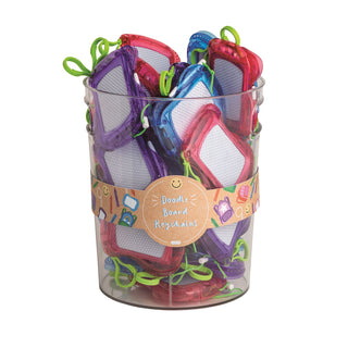 Colorful keychains in a clear container with a label on a white background