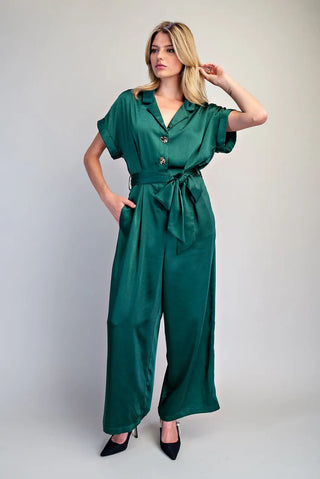 Satin Tie Waist Wide Leg Jumpsuit