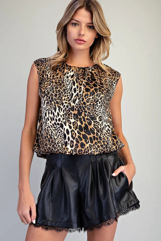 Leopard Pattern Gathered Neck Blouse