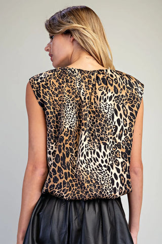Leopard Pattern Gathered Neck Blouse