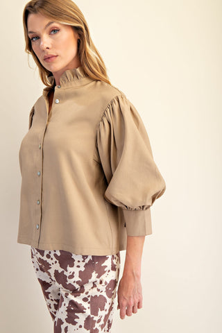 Ruffle Neck Puff Sleeve Blouse