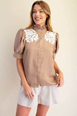 Ruffled Neck Puff Sleeve Top