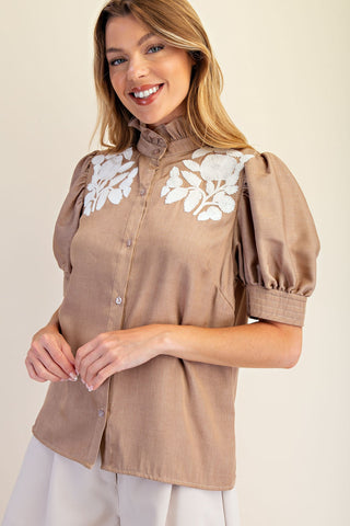 Ruffled Neck Puff Sleeve Top