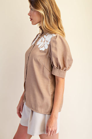 Ruffled Neck Puff Sleeve Top