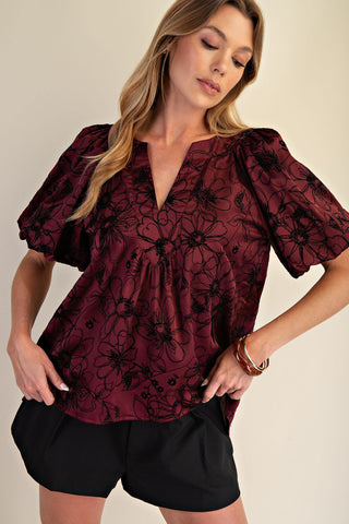 Floral Stitch Placket Top