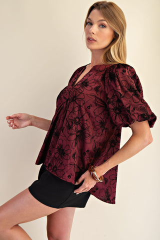 Floral Stitch Placket Top