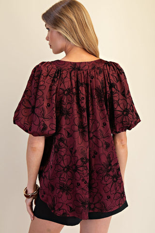 Floral Stitch Placket Top