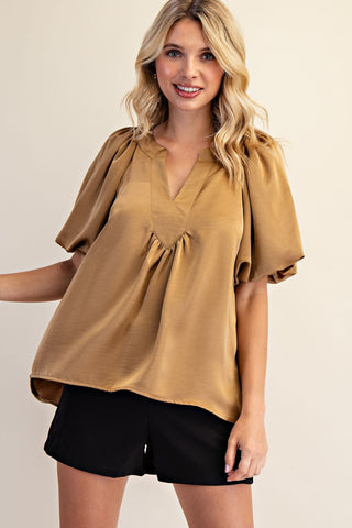 Satin V-Neck Puff Sleeve Top