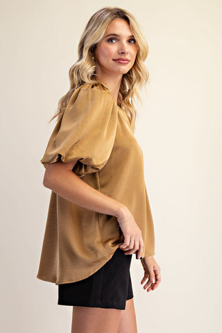 Satin V-Neck Puff Sleeve Top