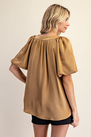 Satin V-Neck Puff Sleeve Top