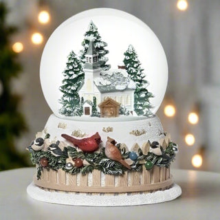 Snowglobe with a church and birds inside.