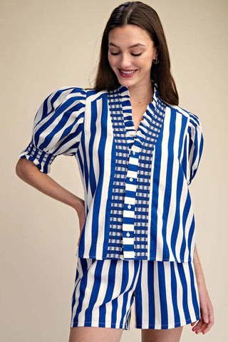 Ruffle V-Neck Smocked Puff Sleeve Blouse