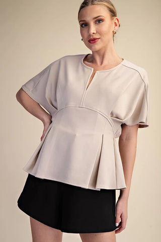 Pleated Peplum Short-Sleeve Classic Shirt