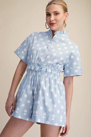 Ruffle Neck Button Down Elastic Waist Polka Dot Romper