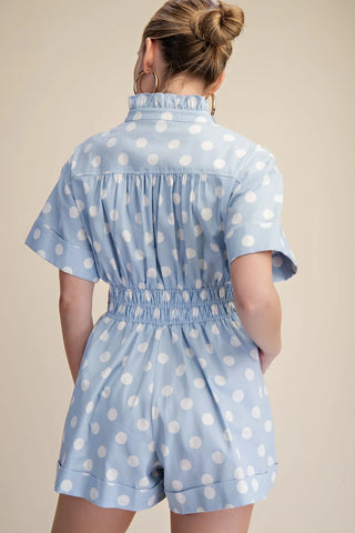 Ruffle Neck Button Down Elastic Waist Polka Dot Romper