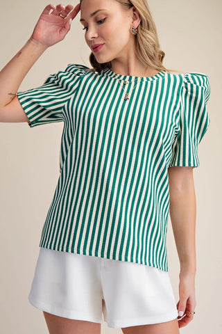 Round Neck Puff Sleeve Stripe Top