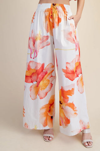 High Waist Ruffle Waist Flower Wide Pants