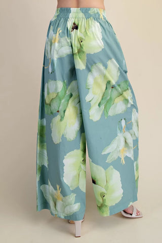High Waist Ruffle Waist Flower Wide Pants-Blue