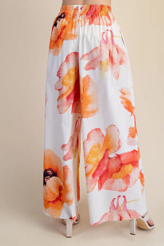 High Waist Ruffle Waist Flower Wide Pants