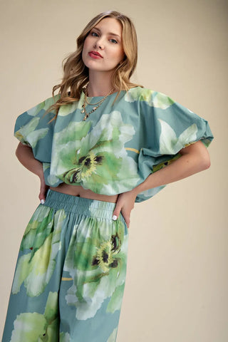 Round Neck Elastic Waist Flower Print Balloon Crop Blouse-Blue