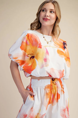 Round Neck Elastic Waist Flower Print Balloon Crop Blouse