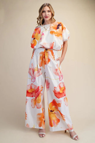 Round Neck Elastic Waist Flower Print Balloon Crop Blouse
