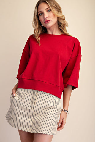 Round Neck Rib Band Pullover Cotton Top