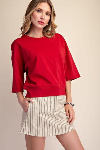 Round Neck Rib Band Pullover Cotton Top