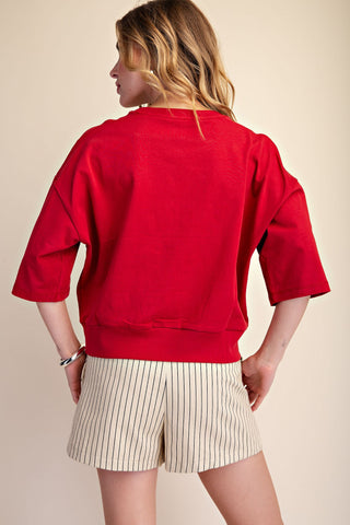 Round Neck Rib Band Pullover Cotton Top