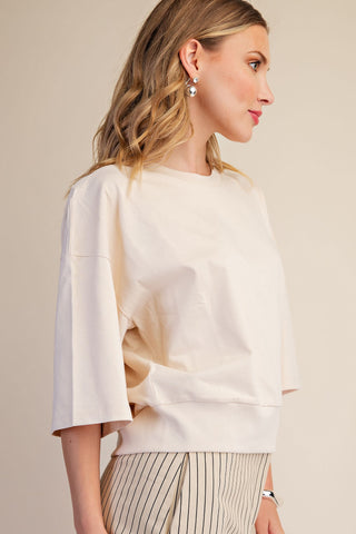 Round Neck Rib Band Pullover Cotton Top