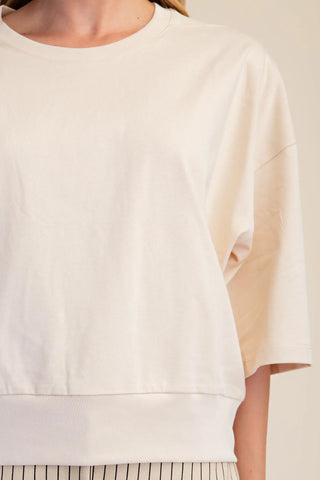 Round Neck Rib Band Pullover Cotton Top