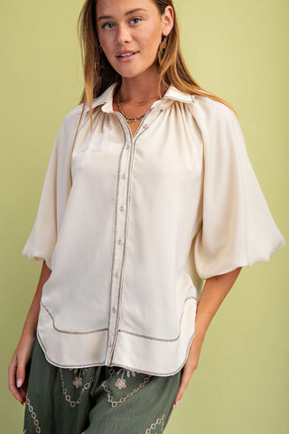 Satin Balloon Sleeve Button Down Blouse